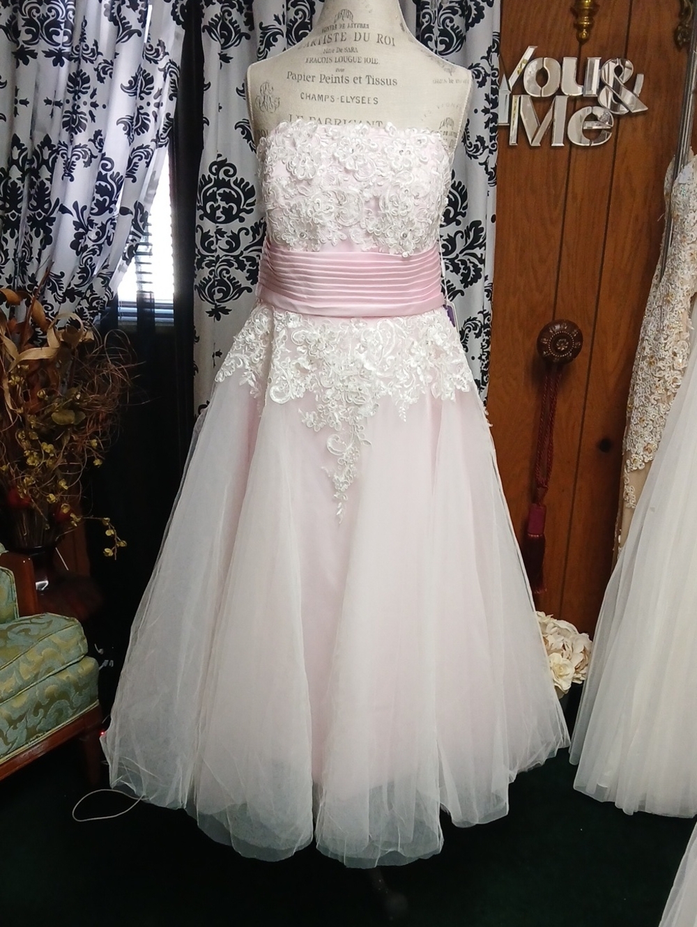 Strapless Light Pink Lace & Tulle Girls Formal Dress with Satin Sash